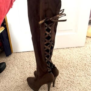 Over the knee brown suede boots open lace backw/ brown snake print in 2 sections